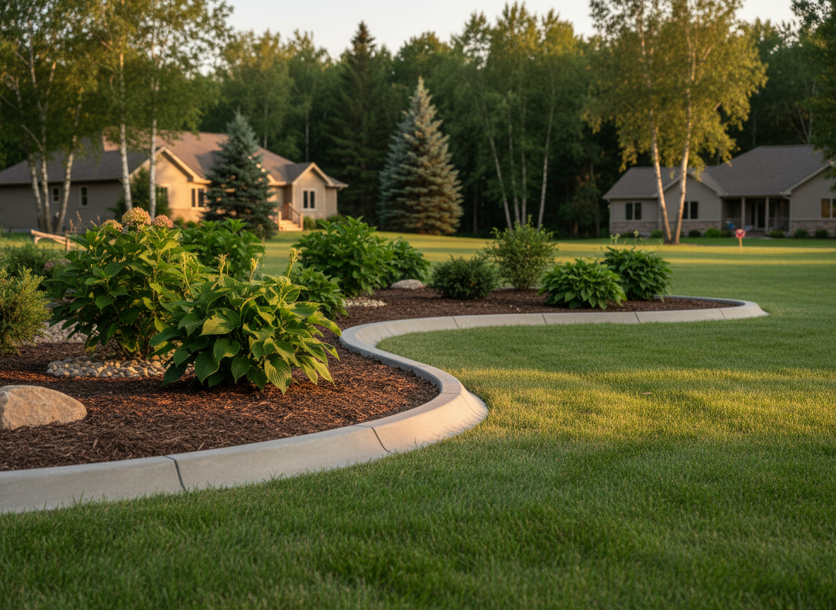 A freshly installed stretch of premium concrete landscape curbing forming a gentle S-curve along a lush, neatly mulched planting bed in a Brainerd Lakes residential yard. The curbing has a smooth, lightly textured finish in a warm gray tone with crisp, beveled edges and clean expansion joints. Behind it, healthy green shrubs and river rock fill the bed, while a manicured lawn meets the outside edge. Captured at eye level with photographic realism during golden hour, soft evening sunlight casts long, subtle shadows that emphasize the curve and surface texture. The background homes and trees are softly blurred, creating a professional, trustworthy mood that highlights the craftsmanship and precision of the edging.